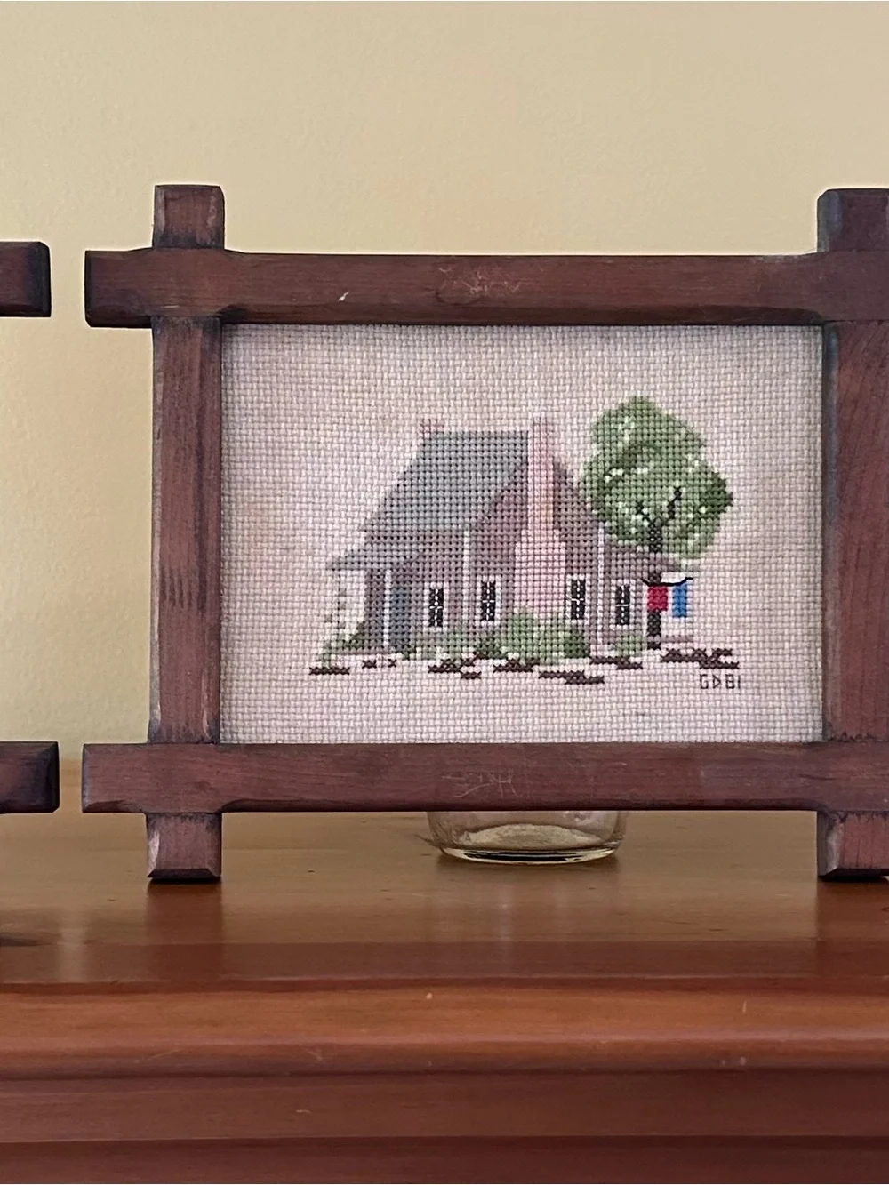Handcrafted Amish Rustic Brown Wooden Frame Cross Stitch Wall Art